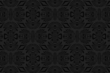 3D volumetric convex embossed geometric black background. Ethnic pattern in the style of doodling, Mexican motifs.
Artistic unique ornament for wallpaper, website, textile, presentation.