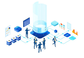 Isometric 3D business environment. Business management infographic. Isometric working space, business people working together in server room, generating fresh content and new ideas, success