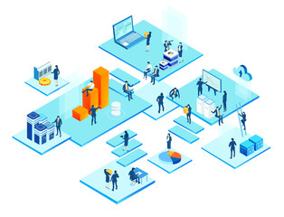 Isometric 3D business environment. Business management. Isometric office space, business people work around laptop as symbol of generating fresh content and new ideas. Infographic illustration