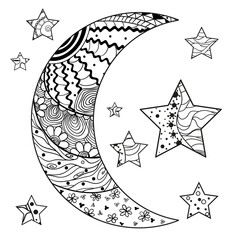 Wall Mural - Zentangle moon and star with abstract patterns on isolation background. Design for spiritual relaxation for adults. Line art creation. Black and white illustration for anti stress colouring page. 