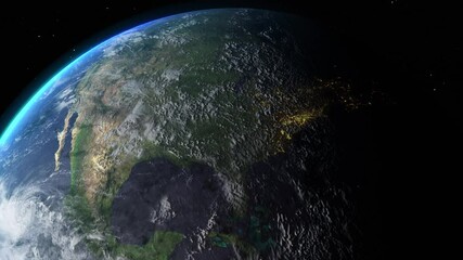 Wall Mural - sunrise and shadow on the earth in space with star in universe. world realistic atmosphere 3d volume