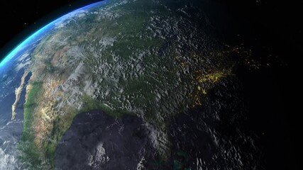 Wall Mural - sunrise and shadow on the earth in space with star in universe. world realistic atmosphere 3d volume