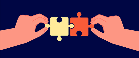 Business cooperation concept. Symbol connecting, puzzle pieces in two hands. Partnership collaboration teams, businessman partners utter vector metaphor