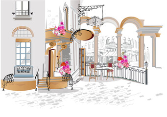 Wall Mural - Series of backgrounds decorated with flowers, old town views and street cafes.    Hand drawn vector architectural background with historic buildings. 