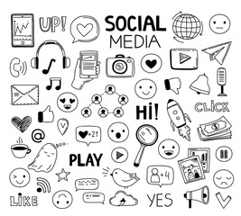 Doodle social media icons. Drawing symbols, website sketch art. Network or digital marketing elements, photo click arrow web exact vector set