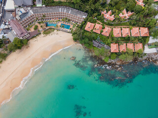 Aerial view of resort at Karon Beach in Phuket. Beautiful scenery beach of Andaman sea. Famous tourist destination in Thailand