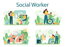 Social Worker Set. Charity Volunteer Community Support And Take Care Of People