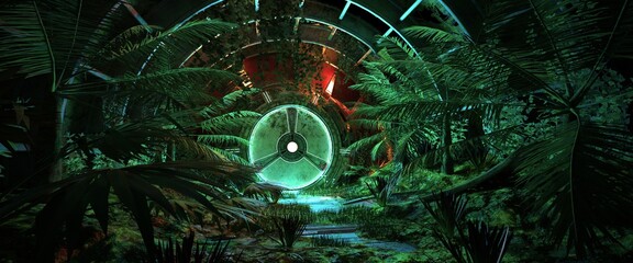 neon glowing green airlock hatch surrounded by tropical trees. 3d illustration with aethetics of syn
