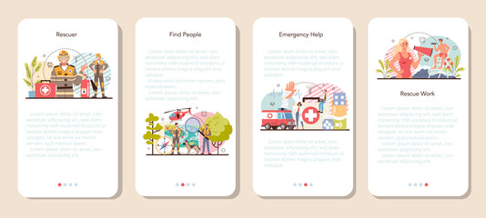 Wall Mural - Urgency rescuer mobile application banner set. Ambulance lifeguard