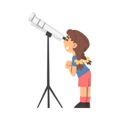 Poster - Curious Little Girl Observing Solar Planets with Telescope Studying Space and Galaxy Vector Illustration