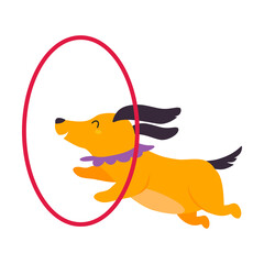 Sticker - Circus Dog Animal Jumping Through Hanging Hula Hoop Performing Trick Vector Illustration