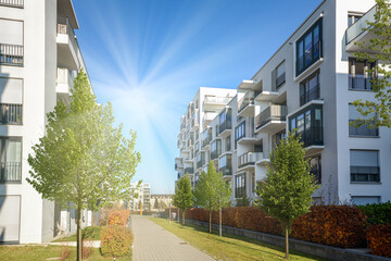 Cityscape of a residential area with modern apartment buildings, new green urban landscape in the city