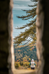 Wall Mural - Young traveler walking in the forest