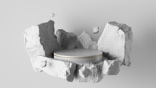 3d Render, Abstract Background With White Cobblestone Ruins And Rock Blocks Levitating. Modern Minimal Showcase With Empty Stage Or Round Podium For Product Presentation
