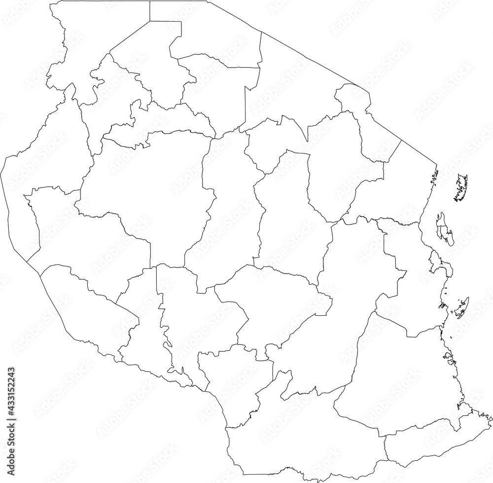 White blank vector map of the United Republic of Tanzania with black ...