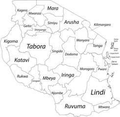  White blank vector map of the United Republic of Tanzania with black borders and names of its regions