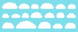 © Currant_Crescent - White flat vector cloud set. Clouds cartoon symbols on blue background with shadow for web site design, logo, app. Bubble icon collection for infographic design. Label and stickers