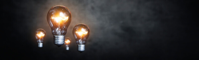 Wall Mural - glowing light bulbs on black background - copy space