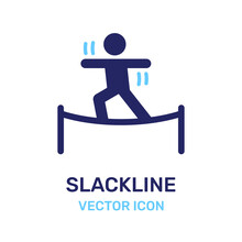 Slackline Icon. Man Balancing And Walking On A Tightrope.