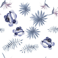 Blue Tropical Nature. Navy Seamless Hibiscus. Indigo Pattern Illustration. White Drawing Hibiscus. Cobalt Floral Foliage. Gray Decoration Art. Decoration Vintage.