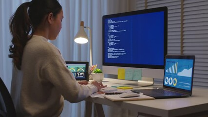 Back view young asia female people analyst coder code language multiple screen cloud online computing ai deep tech work at home office late night reskill upskill, future agile cyber ux web design job.