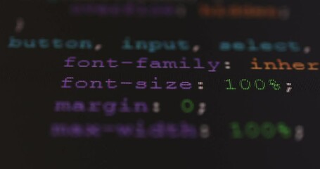 4k close up shot css tag code on pc monitor scroll down. background concept for programming and codi