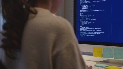 Back view young asia female people analyst coder code language multiple screen cloud online computing ai deep tech work at home office late night reskill upskill, future agile cyber ux web design job.