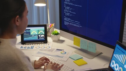 Back view young asia female people analyst coder code language multiple screen cloud online computing ai deep tech work at home office late night reskill upskill, future agile cyber ux web design job.