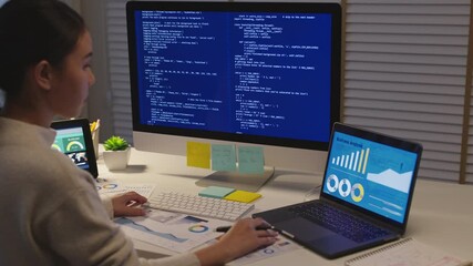 Back view young asia female people analyst coder code language multiple screen cloud online computing ai deep tech work at home office late night reskill upskill, future agile cyber ux web design job.