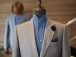 Close up of light grey jacket suit with extra wide collar shirt and lapel pin