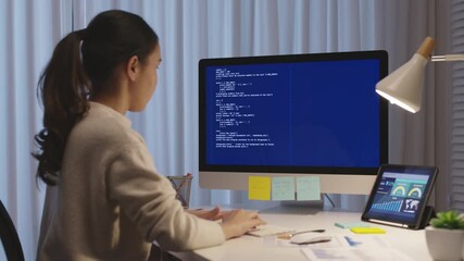 Back view young asia female people analyst coder code language multiple screen cloud online computing ai deep tech work at home office late night reskill upskill, future agile cyber ux web design job.