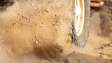 Motion the wheels tires off road dust cloud in desert, Offroad vehicle bashing through sand in the desert.