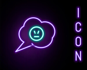 Poster - Glowing neon line Speech bubble with angry smile icon isolated on black background. Emoticon face. Colorful outline concept. Vector