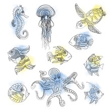 Sea Life Fish Octopus Turtle Illustration Set