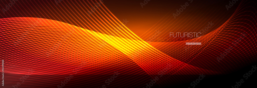 Abstract neon glowing light in the dark with waves. Shiny magic energy and motion concept, vector abstract wallpaper background - obrazy, fototapety, plakaty 
