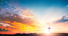 Religious Day Concept: Silhouette Cross On  Mountain Sunset Background