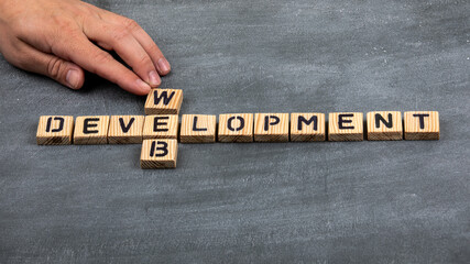 Wall Mural - web development concept. wooden alphabet letters on a black chalk board