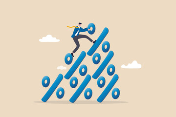 Wall Mural - financial growth profit, sale or discount, interest rate or inflation percentage concept, businessman climbing to the top pile of percentage signs metaphor of increasing in percent.