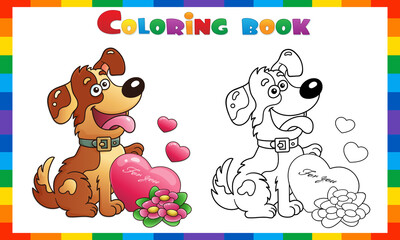 Sticker - Coloring Page Outline of cartoon funny dog with flowers and heart. Greeting card. Birthday. Valentine's day. Coloring Book for kids.