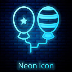 Poster - Glowing neon Balloons with ribbon icon isolated on brick wall background. Happy Easter. Vector