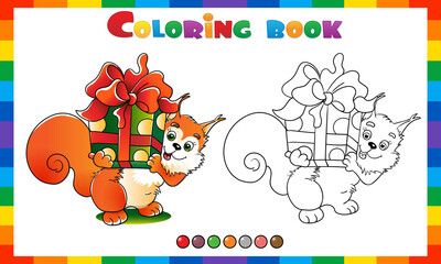 Wall Mural - Coloring Page Outline of cartoon red squirrel with a big gift. Birthday. Coloring Book for kids.