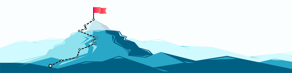 Flag on the mountain peak. Business concept of goal achievement or success. Flat style illustration