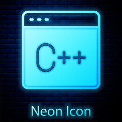 Glowing neon Software, web developer programming code icon isolated on brick wall background. Javascript computer script random parts of program code. Vector