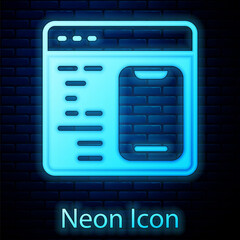Glowing neon Software, web developer programming code icon isolated on brick wall background. Javascript computer script random parts of program code. Vector