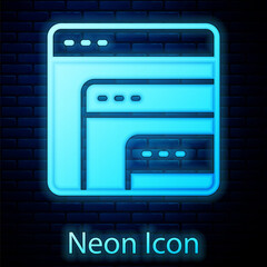 Glowing neon Software, web developer programming code icon isolated on brick wall background. Javascript computer script random parts of program code. Vector