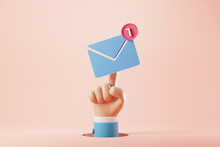Hand Of Businessman Pressing An New Email Notification Icon With One E-mail Message. Minimal Design. 3d Rendering