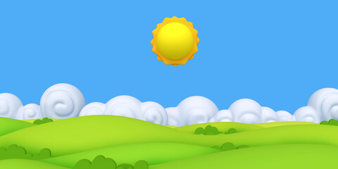 Stylized funny cartoon green summer landscape with trees, sun and clouds. Bright design composition panorama. Children clay, plastic or soft toy. Colorful 3d illustration.