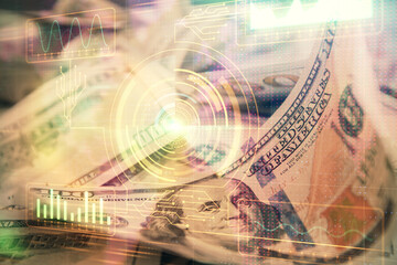 Double exposure of data theme drawing over us dollars bill background. Technology concept.