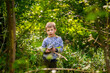 happy boy collects sticks, games with natural materials, outdoor happy childhood selective focus