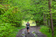 © Mikel Allica - Sportsman mountain runner walking on a muddy and puddled path through the green bush.